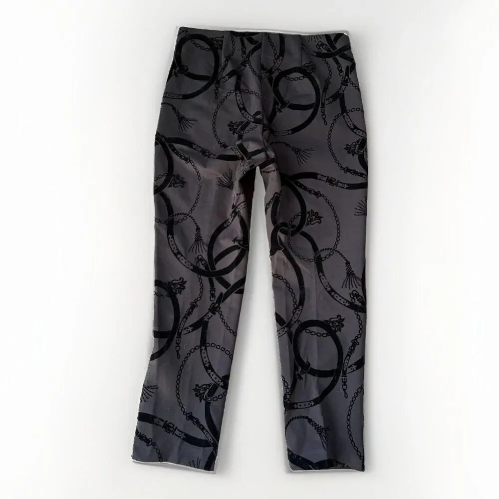 Chicos Juliet Flocked Trouser Pants Size 1.5 Medium Gray Black Velvet Chain Link